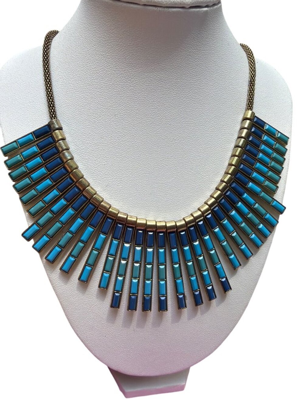 Antique Gold Tone Fringe Bib Necklace Boho Statement Spiky Fan Blues 21" READ